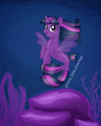 Size: 1080x1350 | Tagged: safe, artist:mmy_little_drawings, imported from derpibooru, twilight sparkle, seapony (g4), female, horn, seaponified, seapony twilight, smiling, solo, species swap, underwater, watermark, wings