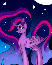 Size: 1080x1350 | Tagged: safe, alternate version, artist:tessa_key_, imported from derpibooru, twilight sparkle, alicorn, pony, the last problem, colored, ethereal mane, female, full moon, horn, mare, moon, older, older twilight, princess twilight 2.0, smiling, starry mane, stars, twilight sparkle (alicorn), wings