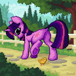 Size: 512x512 | Tagged: safe, artist:mintart, imported from derpibooru, twilight sparkle, bird, pony, unicorn, butt, canterlot, fence, frog (hoof), pixel art, plot, scenery, solo, tree, twibutt, underhoof, unicorn twilight