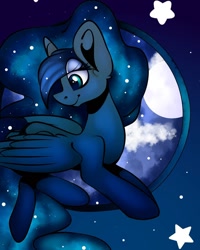 Size: 1080x1350 | Tagged: safe, alternate version, artist:tessa_key_, imported from derpibooru, princess luna, alicorn, pony, bedroom eyes, colored, ethereal mane, eyelashes, female, horn, looking back, mare, night, smiling, solo, starry mane, stars, wings