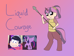 Size: 2048x1536 | Tagged: safe, artist:colorcodetheartist, derpibooru exclusive, imported from derpibooru, twilight sparkle, oc, oc:liquid courage, alicorn, satyr, crossover, crossover shipping, interspecies offspring, offspring, osomatsu, osomatsu-san, parent:osomatsu matsuno, parent:twilight sparkle, parents:osotwi, shipping, twilight sparkle (alicorn)