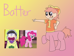 Size: 2048x1536 | Tagged: safe, artist:colorcodetheartist, imported from derpibooru, oc, oc:batter, centaur, crossover, crossover shipping, interspecies offspring, offspring, osomatsu-san, parent:jyushimatsu matsuno, parent:pinkie pie, parents:jyushipie, shipping