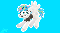 Size: 1524x828 | Tagged: safe, artist:brokenwings2811, imported from derpibooru, pegasus, pony, 3d, awsten knight, blue background, clothes, commission, dyed mane, dyed tail, grin, heterochromia, horseshoes, jewelry, looking at you, male, necklace, ponified, shirt, simple background, smiling, solo, spread wings, stallion, t-shirt, waterparks, wings, ych result