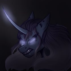 Size: 2048x2048 | Tagged: safe, artist:lunathemoongod, imported from derpibooru, oc, pony, unicorn, darkness, fangs, glowing eyes, glowing horn, gradient mane, horn, piercing, sketch