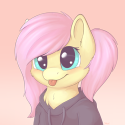 Size: 2048x2048 | Tagged: safe, artist:dbleki, imported from derpibooru, fluttershy, pony, :p, alternate hairstyle, blushing, bust, cheek fluff, chest fluff, clothes, cute, daaaaaaaaaaaw, drawstrings, ear fluff, female, fluffy, fluffyball, hoodie, looking at you, portrait, redraw, shyabetes, solo, sweater, sweatershy, sweet dreams fuel, tongue out