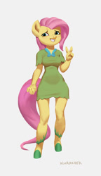 Size: 708x1230 | Tagged: safe, artist:kurazhek, imported from derpibooru, fluttershy, anthro, pegasus, unguligrade anthro, breasts, clothes, digital art, dress, female, looking at you, peace sign, simple background, smiling, smiling at you, solo, solo female, tail, thighs, white background, wide hips