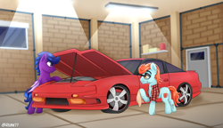 Size: 4000x2300 | Tagged: safe, artist:rivin177, imported from derpibooru, oc, oc:doofs, oc:silent night, bat pony, earth pony, pony, car, cleaning, commission, fixing, garage, lamp, nissan 240sx, repair