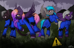 Size: 2300x1500 | Tagged: safe, artist:chura chu, edit, imported from derpibooru, oc, oc only, pegasus, clothes, colt, commission, female, forest, friend, group, male, mare, pose, sfw edit, stallion, uniform