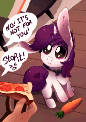 Size: 1562x2200 | Tagged: safe, artist:28gooddays, imported from derpibooru, oc, oc only, oc:lapush buns, alicorn, pony, animated, behaving like a dog, bronybait, bunny ears, carrot, collar, commission, cute, cutemail, dialogue, eye shimmer, food, gif, meat, pepperoni, pepperoni pizza, pizza, puppy dog eyes, solo, weapons-grade cute, ych result