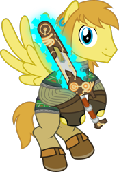 Size: 1387x1995 | Tagged: safe, artist:sketchmcreations, imported from derpibooru, pegasus, pony, chainsaw, clothes, flying, link, looking at you, male, ponified, simple background, smiling, solo, stallion, the legend of zelda, the legend of zelda: breath of the wild, transparent background, vector