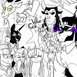Size: 3000x3000 | Tagged: safe, artist:gingygin, imported from derpibooru, discord, flam, flim, king sombra, lord tirek, nightmare moon, queen chrysalis, starlight glimmer, stygian, trixie, twilight sparkle, alicorn, centaur, changeling, changeling queen, draconequus, pony, unicorn, series:villain cafe, series:villian cafe, bowtie, female, flim flam brothers, horn, horn ring, jewelry, magic suppression, male, mare, monochrome, neo noir, partial color, qx, ring, s5 starlight, shackles, simple background, stallion, tongue out, twilight sparkle (alicorn), white background