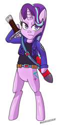 Size: 1165x2388 | Tagged: safe, artist:gatebreakergt, artist:tenkaichi-jd, imported from derpibooru, starlight glimmer, pony, unicorn, capsule corp, clothes, cosplay, costume, crossover, dragon ball, dragon ball z, female, future trunks, mirai trunks, parody, sword, trunks (dragon ball), trunks' sword, weapon