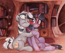 Size: 1920x1570 | Tagged: safe, artist:jewellier, imported from derpibooru, twilight sparkle, oc, oc:badluck dice, pony, unicorn, blushing, book, bookshelf, canon x oc, cyoa, embarrassed, female, golden oaks library, heart, hooves, horn, hug, library, mare, pair, patch, prpg, shipping, sitting, traditional art, unicorn twilight