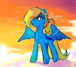 Size: 2000x1768 | Tagged: safe, artist:ekot, imported from derpibooru, oc, oc only, oc:skyrex, pegasus, pony, cloud, dawn, female, mare, oda 997, simple background, solo, wings