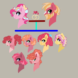 Size: 1024x1024 | Tagged: safe, artist:russmindjk, imported from derpibooru, big macintosh, pinkie pie, oc, oc:apple shake, oc:big sugar pie, oc:caramel apple, oc:cherry float, oc:confetti pie, oc:lemon box pie, earth pony, pony, base used, beard, facial hair, family tree, female, male, offspring, parent:big macintosh, parent:pinkie pie, parents:pinkiemac, pinkiemac, shipping, simple background, straight