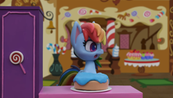 Size: 1920x1080 | Tagged: safe, imported from derpibooru, screencap, rainbow dash, pegasus, pony, cake off, my little pony: pony life, my little pony: stop motion short, cake, female, food, g4.5, open mouth, pony life, shocked, solo, stop motion, sugarcube corner