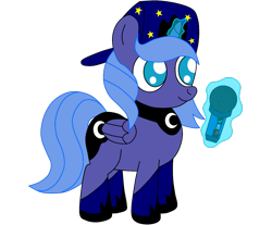 Size: 1489x1232 | Tagged: safe, artist:theunidentifiedchangeling, imported from derpibooru, princess luna, oc, oc:woon64, alicorn, pony, cap, closed mouth, eyes open, female, filly, friday night funkin', hat, horn, levitation, looking at something, magic, microphone, mouth closed, open eyes, simple background, solo, standing, stars, telekinesis, transparent background, wings, woona, younger