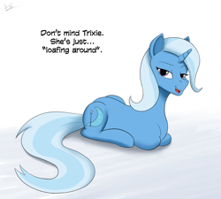 Size: 3000x2700 | Tagged: safe, artist:egstudios93, imported from derpibooru, trixie, pony, unicorn, bad joke, bad pun, female, lying down, mare, ponyloaf, prone, pun, solo, third person, wordplay