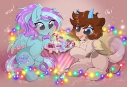 Size: 1920x1321 | Tagged: safe, artist:kebchach, imported from derpibooru, oc, oc only, pegasus, pony, bow, candy, candy cane, chest fluff, choker, christmas, christmas lights, food, holiday, horns, present, smiling, underhoof