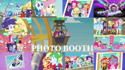 Size: 1280x721 | Tagged: safe, edit, edited screencap, editor:quoterific, imported from derpibooru, screencap, applejack, fluttershy, pinkie pie, rainbow dash, rarity, sci-twi, spike, spike the regular dog, sunset shimmer, trixie, twilight sparkle, dog, human, equestria girls, equestria girls series, rollercoaster of friendship, applejack's hat, boots, bowtie, bracelet, clothes, converse, cowboy boots, cowboy hat, crossed arms, cutie mark, cutie mark on clothes, denim skirt, duo, duo female, eyes closed, female, geode of empathy, geode of fauna, geode of shielding, geode of sugar bombs, geode of super speed, geode of super strength, geode of telekinesis, glasses, guitar, hairpin, hand on hip, hands on hip, hat, holding hands, hoodie, humane five, humane seven, humane six, jacket, jewelry, laughing, leather, leather jacket, magical geodes, microphone, musical instrument, necklace, open mouth, photo booth, photo booth (song), ponied up, ponytail, rarity peplum dress, roller coaster, shipping fuel, shoes, singing, skirt, tanktop, the rainbooms