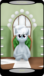 Size: 1500x2591 | Tagged: safe, artist:sixes&sevens, imported from derpibooru, part of a set, silver spoon, chair, crossed hooves, desk, filing cabinet, glasses, minor arcana, nine of coins, office, older, older silver spoon, paperwork, tarot card, window