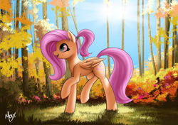 Size: 4299x3035 | Tagged: safe, artist:supermoix, imported from derpibooru, fluttershy, pegasus, pony, cute, female, folded wings, forest, happy, looking up, mare, open mouth, ponytail, raised hoof, raised leg, scenery, shyabetes, smiling, solo, wings