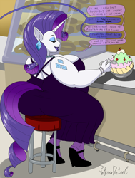 Size: 800x1057 | Tagged: safe, artist:professordoctorc, imported from derpibooru, rarity, anthro, unguligrade anthro, unicorn, alternative cutie mark placement, bbw, big breasts, bingo wings, breasts, busty rarity, clothes, denial, dialogue, dress, ear piercing, earring, fat, female, food, huge breasts, ice cream, implied tail hole, jewelry, piercing, raritubby, shoulder cutie mark, ssbbw, the ass was fat