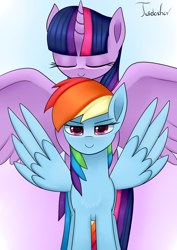 Size: 2480x3507 | Tagged: safe, artist:twidasher, imported from derpibooru, rainbow dash, twilight sparkle, alicorn, pegasus, pony, chest fluff, duo, eyes closed, female, gradient background, height difference, lesbian, looking at you, shipping, signature, size difference, spread wings, twidash, twilight sparkle (alicorn), wings