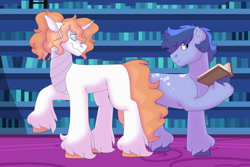 Size: 1280x854 | Tagged: safe, artist:itstechtock, imported from derpibooru, oc, oc only, oc:blue moon, oc:calliope, changepony, hybrid, pony, book, magical gay spawn, male, offspring, parent:flash sentry, parent:prince blueblood, parent:star tracker, parent:thorax, stallion