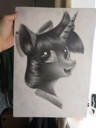 Size: 1080x1440 | Tagged: safe, artist:henry forewen, imported from derpibooru, twilight sparkle, alicorn, pony, bow, bust, female, monochrome, photo, portrait, sketch, traditional art