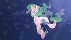 Size: 1920x1080 | Tagged: safe, artist:kenzieva, imported from derpibooru, oc, oc only, pony, seapony (g4), unicorn, blue eyes, bubble, crepuscular rays, crown, dorsal fin, female, fish tail, flowing mane, flowing tail, horn, jewelry, ocean, regalia, seaponified, smiling, solo, species swap, swimming, tail, underwater, water