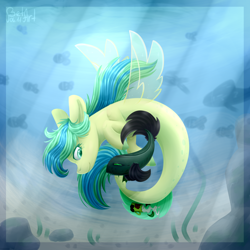 Size: 2000x2000 | Tagged: safe, artist:olyanna, imported from derpibooru, oc, oc only, fish, pegasus, pony, seapony (g4), bubble, clothes, commission, crepuscular rays, dorsal fin, fins, fish tail, flowing mane, flowing tail, green eyes, horn, ocean, rock, seaponified, seaweed, see-through, smiling, solo, species swap, sunlight, swimming, tail, underwater, water, wings