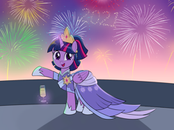 Size: 1600x1200 | Tagged: safe, artist:mew-me, edit, imported from derpibooru, twilight sparkle, alicorn, pony, the last problem, 2021, alternate hairstyle, champagne glass, clothes, coronation dress, crown, cute, dress, ear piercing, earring, fireworks, glowing horn, happy, happy new year, holiday, hoof shoes, horn, jewelry, looking at you, magic, open mouth, piercing, regalia, second coronation dress, smiling, solo, telekinesis, twiabetes, twilight sparkle (alicorn)