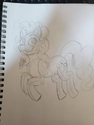 Size: 3024x4032 | Tagged: safe, artist:jay_wackal, imported from derpibooru, pinkie pie, earth pony, pony, :p, jumping, pencil, pinkie being pinkie, sketch, solo, tongue out, traditional art, wip