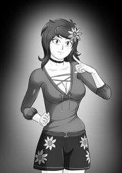 Size: 3541x5016 | Tagged: safe, alternate version, artist:symptom99, imported from derpibooru, wallflower blush, equestria girls, boob freckles, breasts, busty wallflower blush, chest freckles, cleavage, clothes, female, flower, flower in hair, freckles, monochrome, shorts, solo