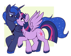 Size: 933x734 | Tagged: safe, artist:lulubell, imported from derpibooru, princess luna, twilight sparkle, alicorn, boop, chest fluff, ethereal mane, female, freckles, lesbian, noseboop, shipping, smiling, spread wings, starry mane, starry tail, twilight sparkle (alicorn), twiluna, wings