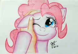 Size: 3991x2759 | Tagged: safe, artist:count adramélekh sear, artist:count adramélekh sear, artist:count oxymagomedov sear, derpibooru exclusive, imported from derpibooru, pinkie pie, cute, diapinkes, ear scratch, hand, holding head, looking at you, one ear down, one eye closed, petting, smiling, traditional art
