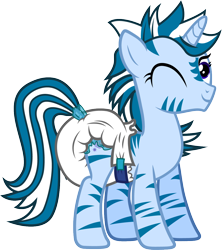 Size: 1116x1254 | Tagged: safe, alternate version, artist:thunderdasher07, imported from derpibooru, oc, oc only, oc:masara, hybrid, pony, zebra, zebracorn, zony, diaper, diaper fetish, fetish, non-baby in diaper, one eye closed, poofy diaper, simple background, solo, transparent background, vector, wink