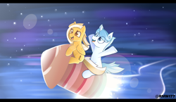 Size: 3800x2200 | Tagged: safe, artist:rivin177, imported from derpibooru, oc, oc only, pegasus, pony, unicorn, commission, flying, hooves in air, lens flare, night, ocean, riding, rocket, stars