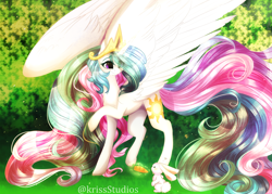 Size: 3500x2500 | Tagged: safe, artist:1fresita, artist:krissstudios, imported from derpibooru, princess celestia, alicorn, pony, rabbit, animal, carrot, cute, eye clipping through hair, female, flowing mane, flowing tail, food, glowing horn, heart, herbivore, horn, impossibly large wings, large wings, magic, majestic, mare, queen celestia, smiling, solo, spread wings, telekinesis, wings