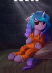 Size: 2480x3508 | Tagged: safe, artist:blo0nya, artist:loonya, imported from derpibooru, izzy moonbow, pony, unicorn, aside glance, bars, bed, clothes, crepuscular rays, female, floppy ears, g5, high res, horn, indoors, jail, jail cell, light rays, looking at you, mare, pillow, prison, prison outfit, prisoner im, sad, shirt, sitting, solo, tally marks, undershirt
