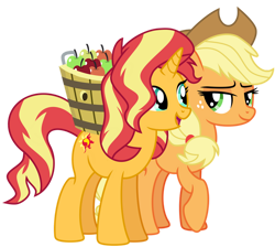 Size: 1024x917 | Tagged: safe, artist:emeraldblast63, imported from derpibooru, applejack, sunset shimmer, earth pony, pony, unicorn, apple, backwards cutie mark, basket, duo, duo female, female, food, friends, mare, simple background, transparent background