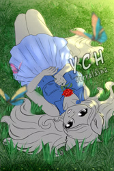 Size: 1300x1950 | Tagged: safe, artist:jerraldina, imported from derpibooru, alicorn, anthro, butterfly, human, pegasus, pony, unicorn, clothes, commission, female, flower, furry, grass, lying down, mare, outdoors, rose, skirt, spring, sunshine, your character here