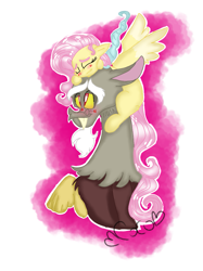 Size: 899x1200 | Tagged: safe, artist:cocolove2176, imported from derpibooru, discord, fluttershy, draconequus, pegasus, pony, abstract background, blushing, bust, discoshy, eyes closed, female, fluttershy riding discord, male, mare, riding, shipping, signature, smiling, straight, wings