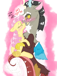 Size: 899x1200 | Tagged: safe, artist:cocolove2176, imported from derpibooru, discord, fluttershy, draconequus, pegasus, pony, abstract background, blushing, discoshy, eyes closed, female, heart, hug, male, mare, onomatopoeia, shipping, sleeping, smiling, sound effects, straight, wings, zzz