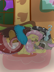Size: 899x1200 | Tagged: safe, artist:cocolove2176, imported from derpibooru, discord, fluttershy, draconequus, pegasus, pony, blushing, coils, discoshy, eyes closed, female, indoors, lying down, male, mare, night, prone, shipping, sleeping, stars, straight, wings