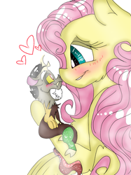 Size: 899x1200 | Tagged: safe, artist:cocolove2176, imported from derpibooru, discord, fluttershy, draconequus, pegasus, pony, bust, discoshy, eyelashes, female, heart, holding a pony, looking at each other, male, mare, micro, shipping, simple background, smiling, straight, white background, wings