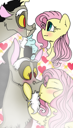 Size: 540x938 | Tagged: safe, artist:cocolove2176, imported from derpibooru, discord, fluttershy, draconequus, pegasus, pony, blushing, discoshy, eyelashes, eyes closed, facial hair, female, goatee, heart, kissing, looking at each other, male, mare, shipping, smiling, straight, wide eyes, wings