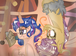 Size: 1200x899 | Tagged: safe, artist:cocolove2176, imported from derpibooru, oc, oc only, oc:coraliss rose, alicorn, draconequus, hybrid, pony, alicorn oc, book, bookshelf, chest fluff, duo, female, frown, horn, indoors, interspecies offspring, mare, offspring, parent:discord, parent:flash sentry, parent:fluttershy, parent:twilight sparkle, parents:discoshy, parents:flashlight, reading, smiling, unamused, upside down, wings