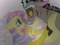 Size: 1200x899 | Tagged: safe, artist:cocolove2176, imported from derpibooru, discord, fluttershy, draconequus, pegasus, pony, blushing, discoshy, eyelashes, female, looking at each other, lying down, male, mare, on back, shipping, story included, straight, wings